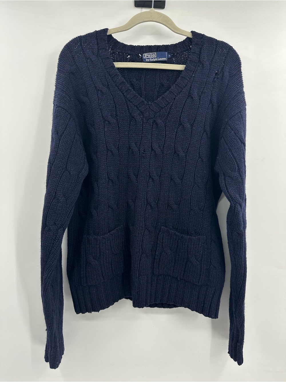 Vintage Polo by Ralph Lauren Dark Navy Cable-Knit V-Neck Wool Sweater